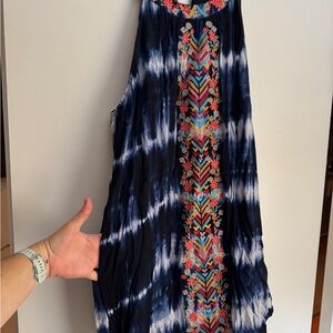 Navy Blue Tie-Dye Midi Dress with Embroidered Detail